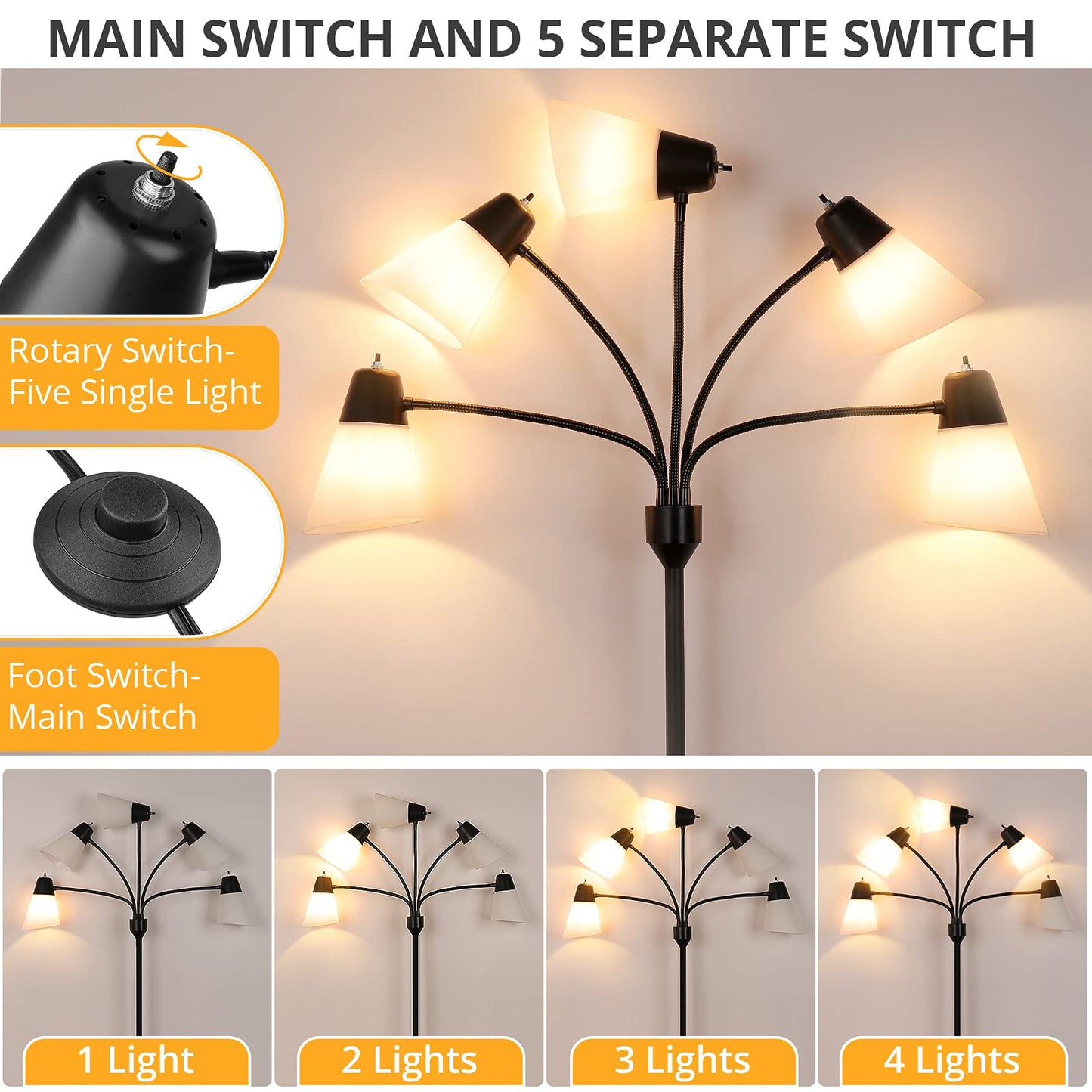 FOLKSMATE LED Floor Lamp, Medusa Multi Head Modern Tall, Rustic Black