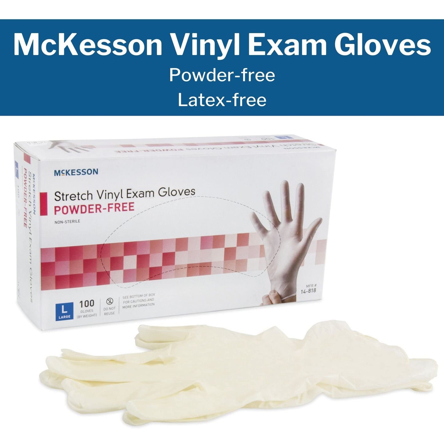 McKesson 14-818 Vinyl Exam Gloves, Non-Sterile, Powder-Free, Large, 1000 Gloves