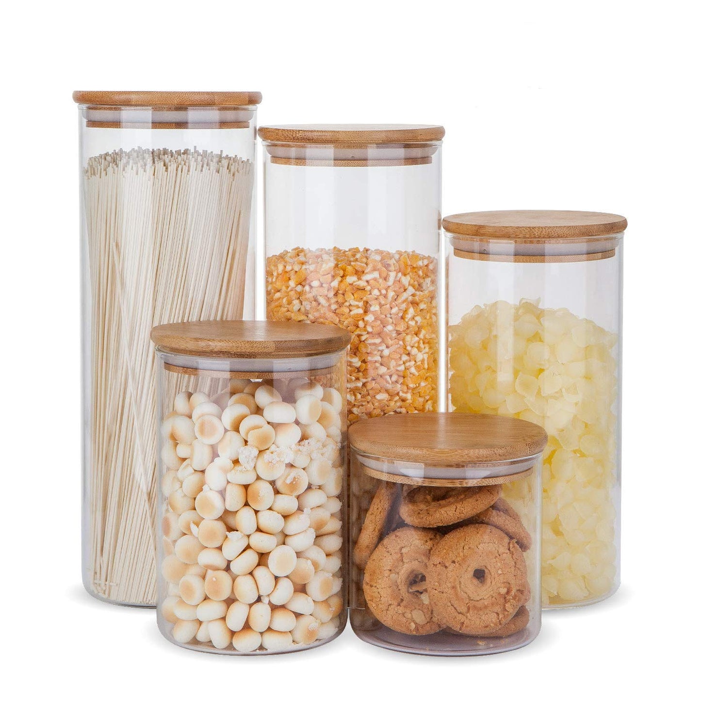 Glass Food Storage Containers, Food Jars with Bamboo Wooden Lids - Set of 5