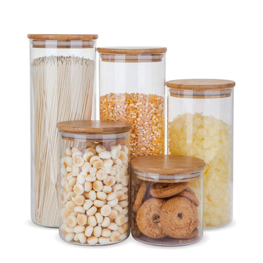 Glass Food Storage Containers, Food Jars with Bamboo Wooden Lids - Set of 5