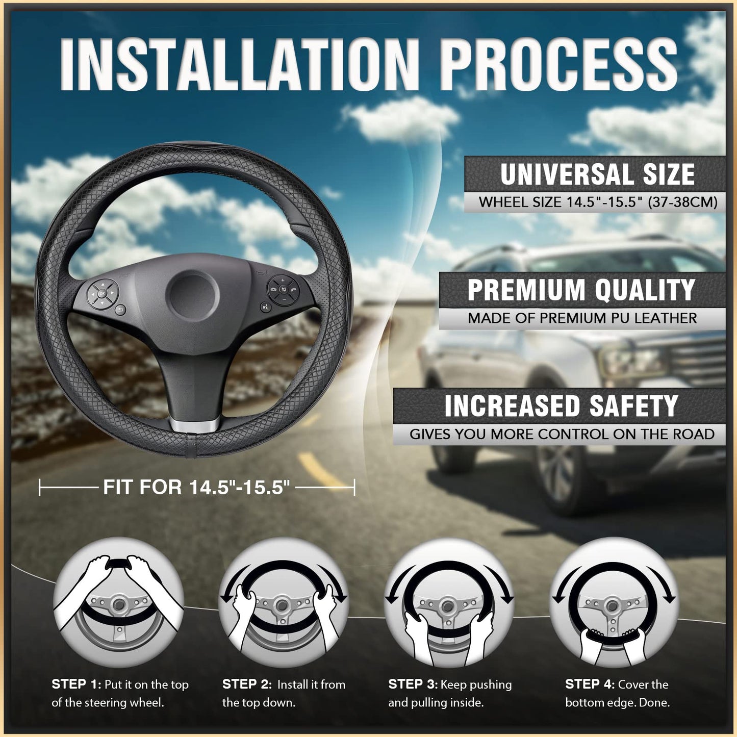 Universal Fit Steering Wheel Cover Protector, Synthetic Leather, 15in, Black/Red