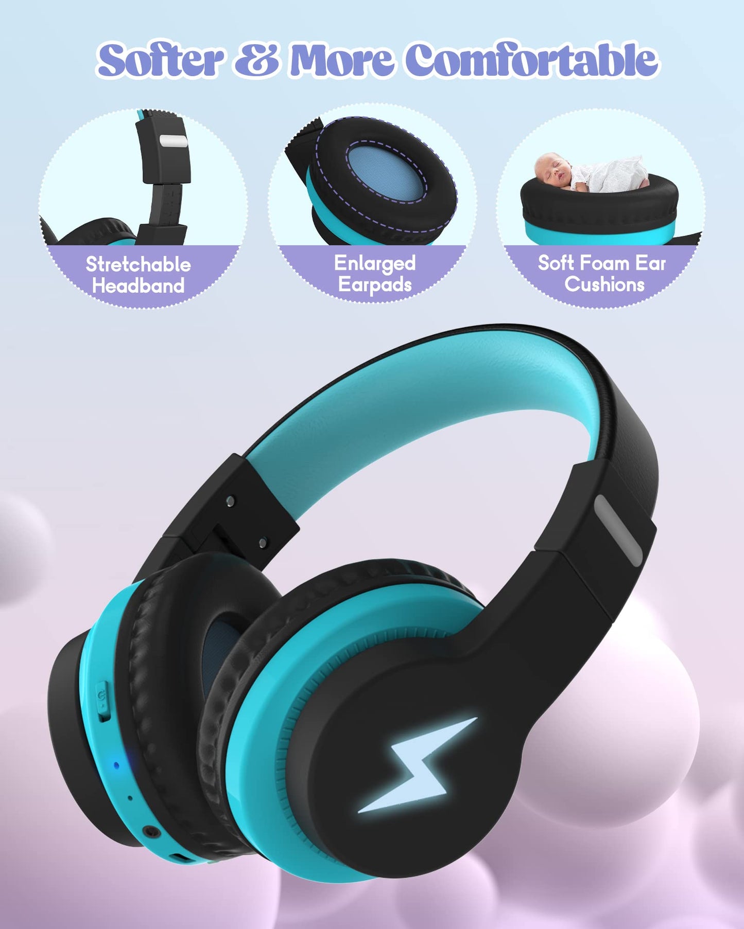 Kids Headphones, Wireless, LED Lights, Built-in Mic, Volume Limited - Blue
