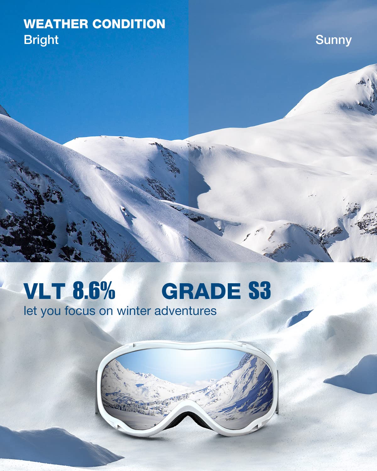 ZIONOR Lagopus Ski Snowboard Goggles UV Protection Anti fog Snow Goggles for Men Women Adult Youth VLT 8.6% White Frame Silver Lens