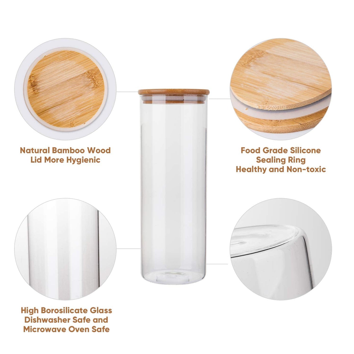 Glass Food Storage Containers, Food Jars with Bamboo Wooden Lids - Set of 5