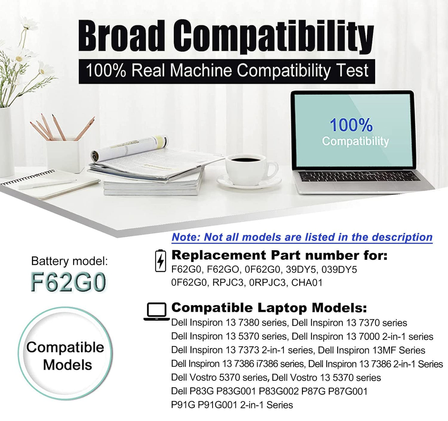 38WH F62G0 39DY5 Battery for select Dell Inspiron 13 7000 & select Vostro 13