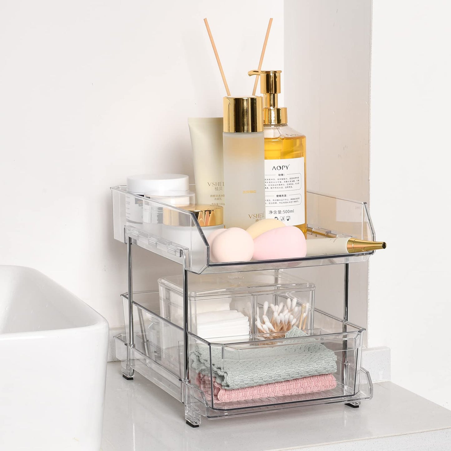 Simetufy 2 Tier Clear Organizer with Dividers, Multi-Purpose Slide-Out - 1 Pack