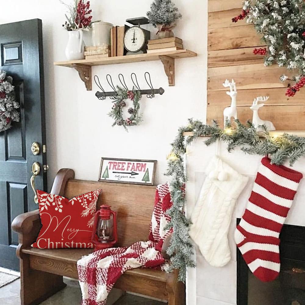 Christmas Throw Pillow Covers 18x18 Set of 4, Farmhouse Christmas Decor for Home