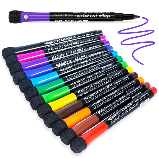 Magnetic Dry Erase Markers, 1-2mm Fine Point Tip, 12 markers/colors per pack