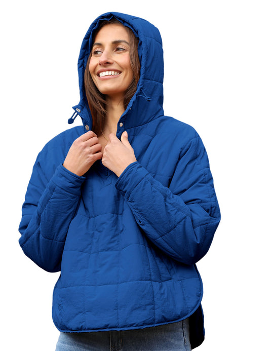 Women's Oversized Hooded Puffer Quilted Lightweight Winter Warm Pullover, Blue, LARGE
