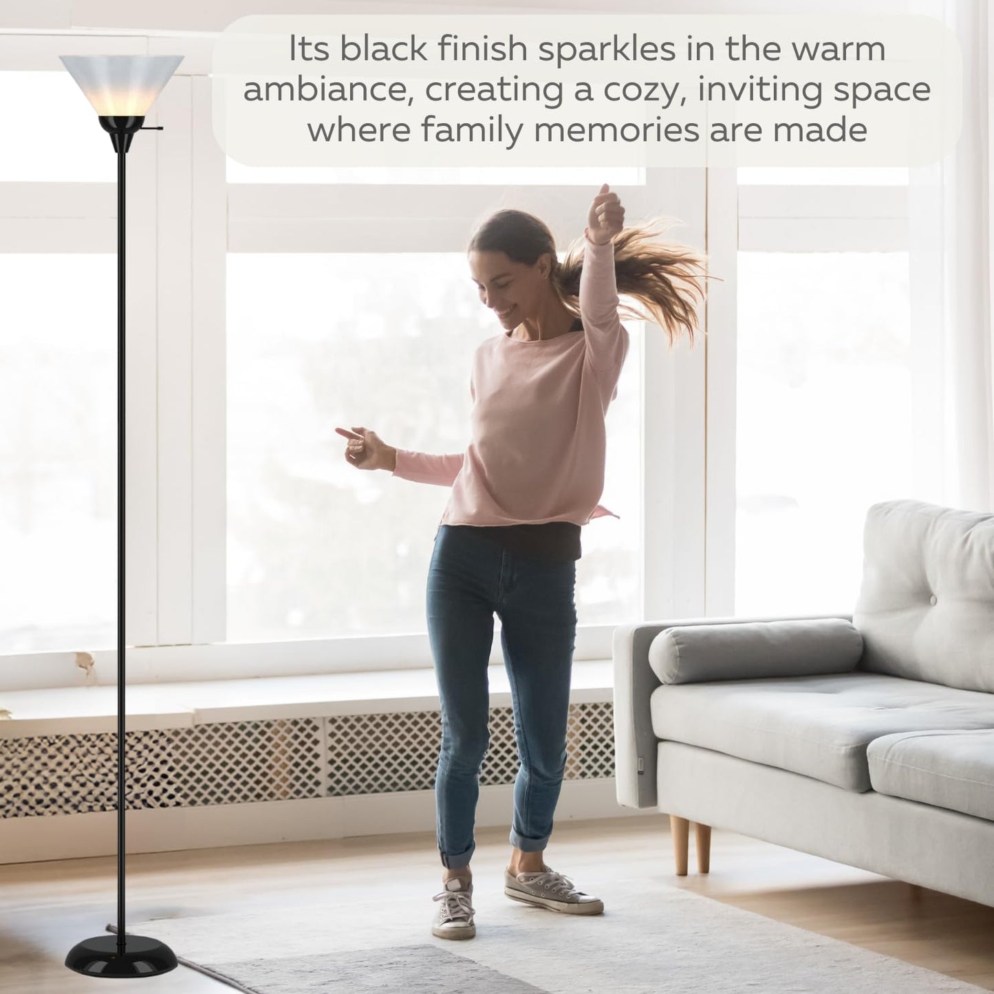 LIGHTACCENTS Black Floor Lamp with Opal White plastic Cone Shade