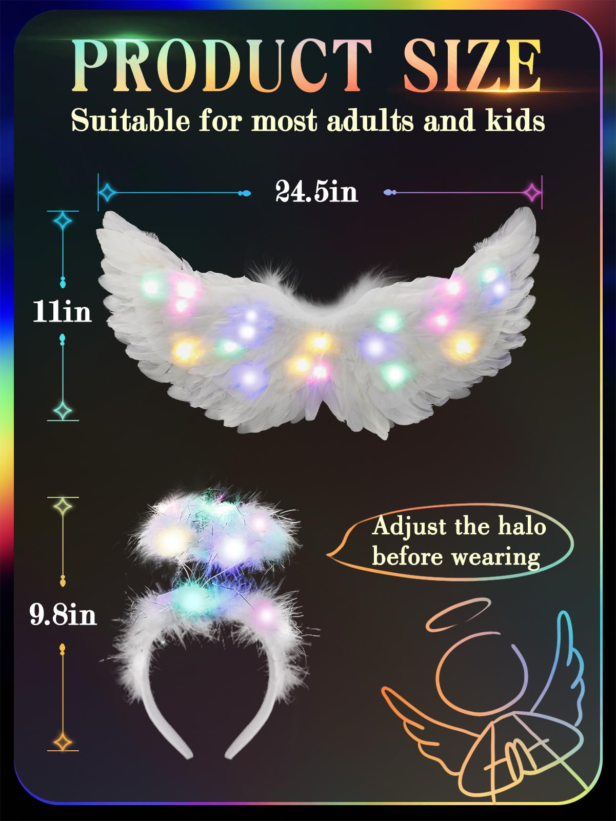Halloween LED Angel Wings and Halo, Light Up Angel Halo White Fairy Cupid Wings