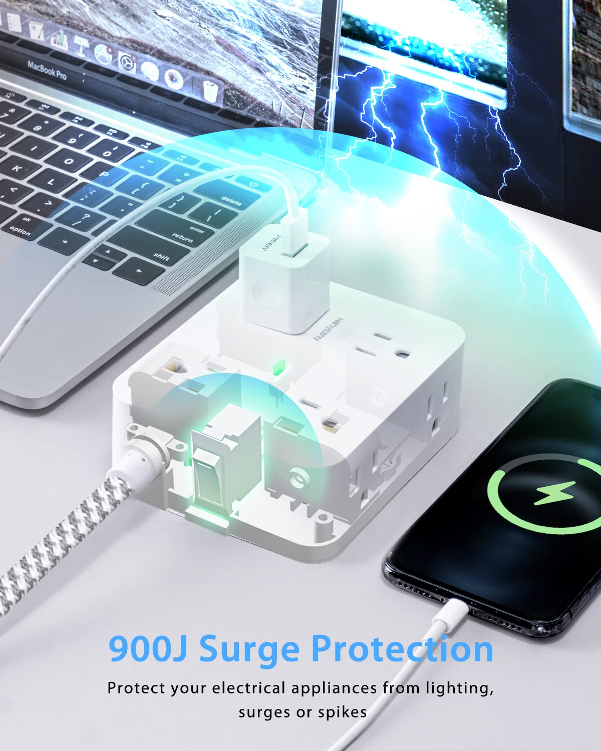 Surge Protector Power Strip - 8 Widely Outlets + 4 USB Charging Ports, 5-ft cord