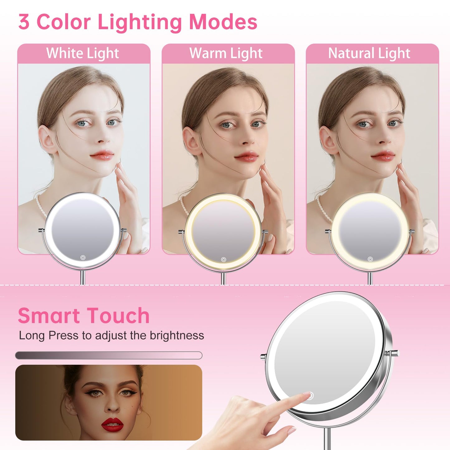 LOVESPEJO Lighted Makeup Mirror with Magnification, 8" 10X, Rechargeable Chrome