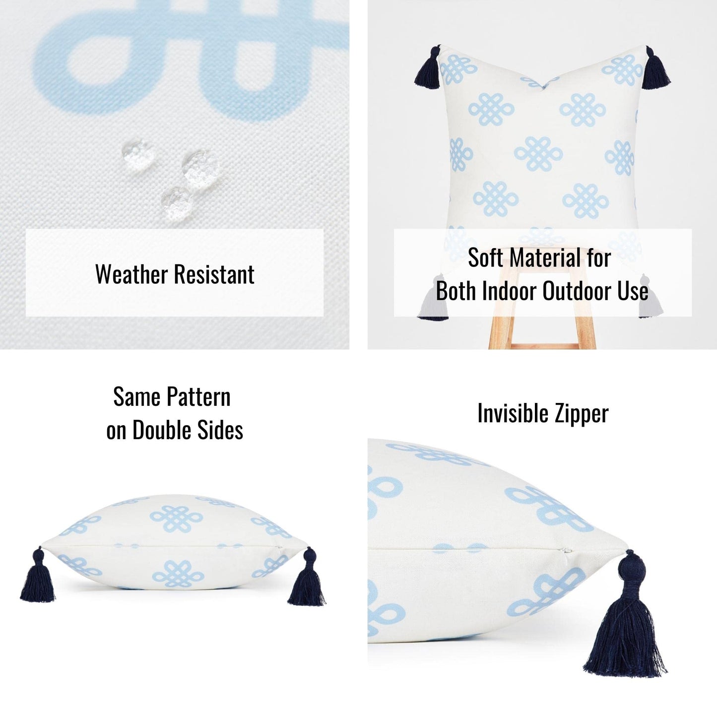 Coastal Patio Indoor Outdoor Pillow Cover ONLYBlue Greek Key Knot Tassel,18"x18"