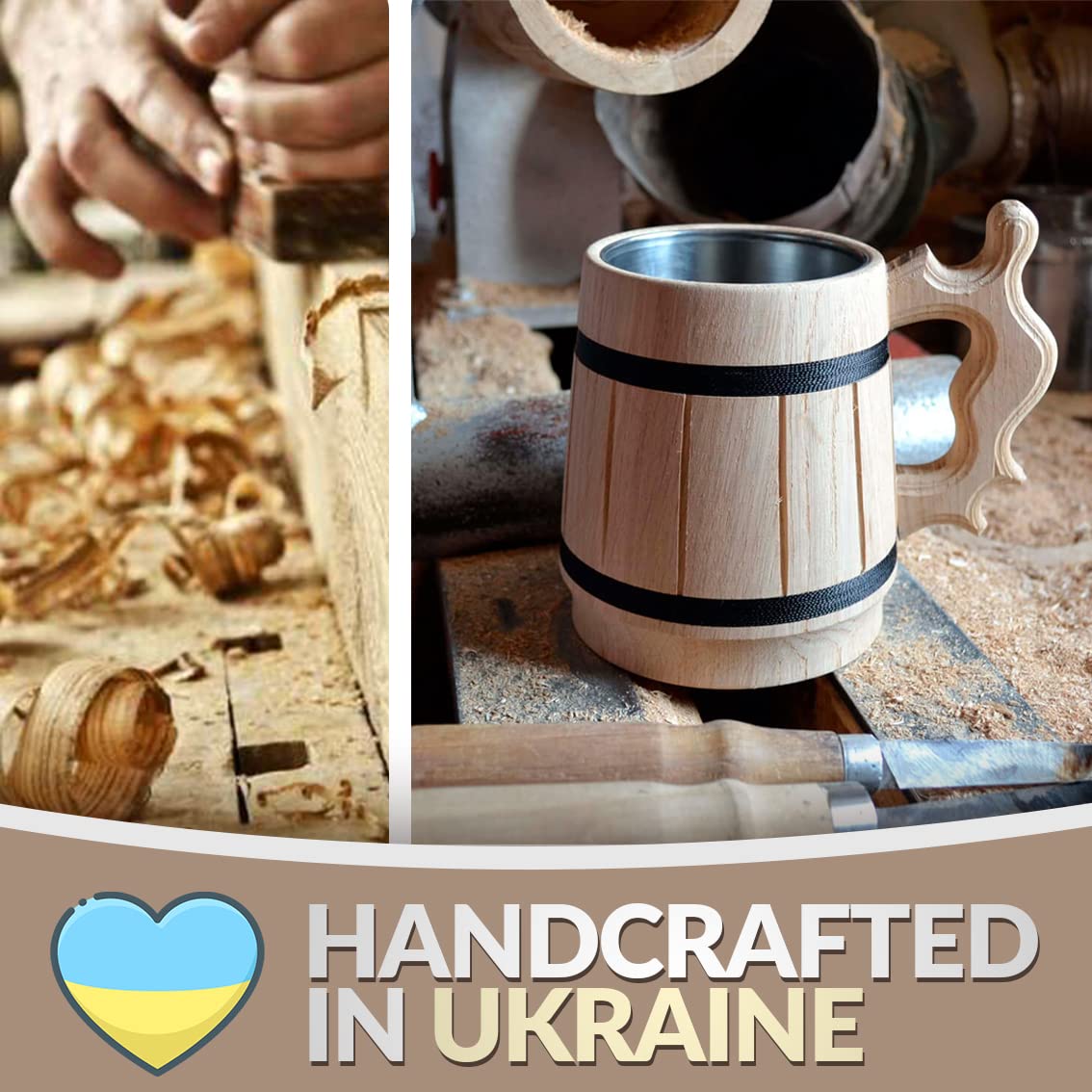 Handmade Beer Mug Oak Wood Stainless Steel Cup Box Natural 10oz Classic Brown