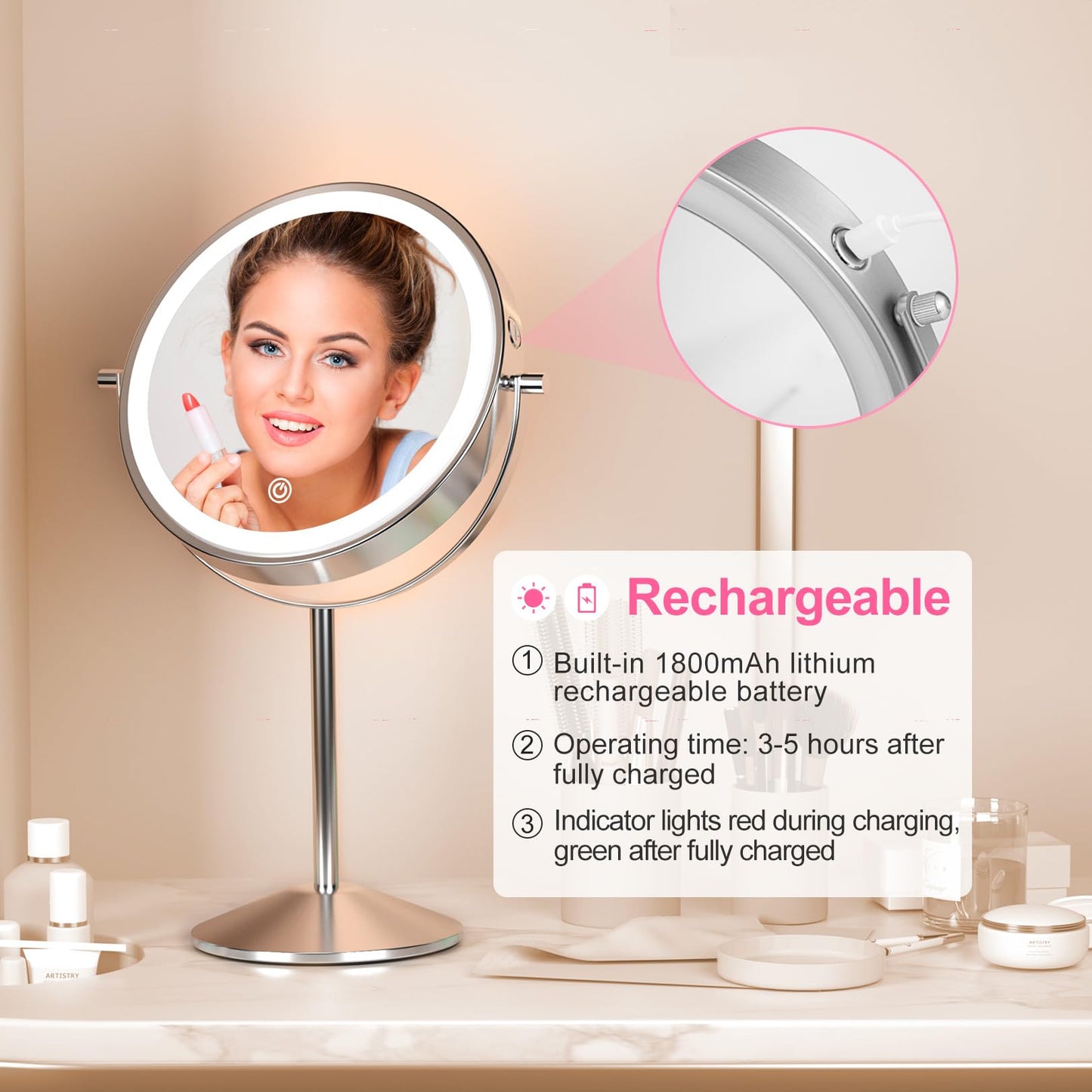 LOVESPEJO Lighted Makeup Mirror with Magnification, 8" 10X, Rechargeable Chrome