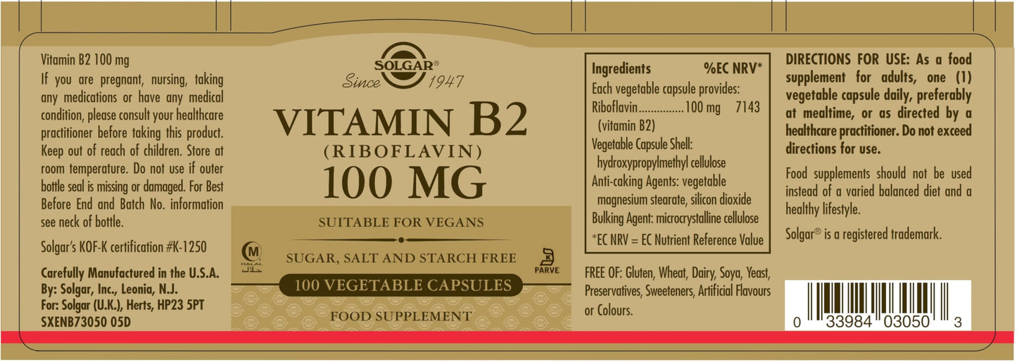 Solgar Vitamin B2 (Riboflavin) 100mg, 100 Vegetable Capsules EXP 5/2026