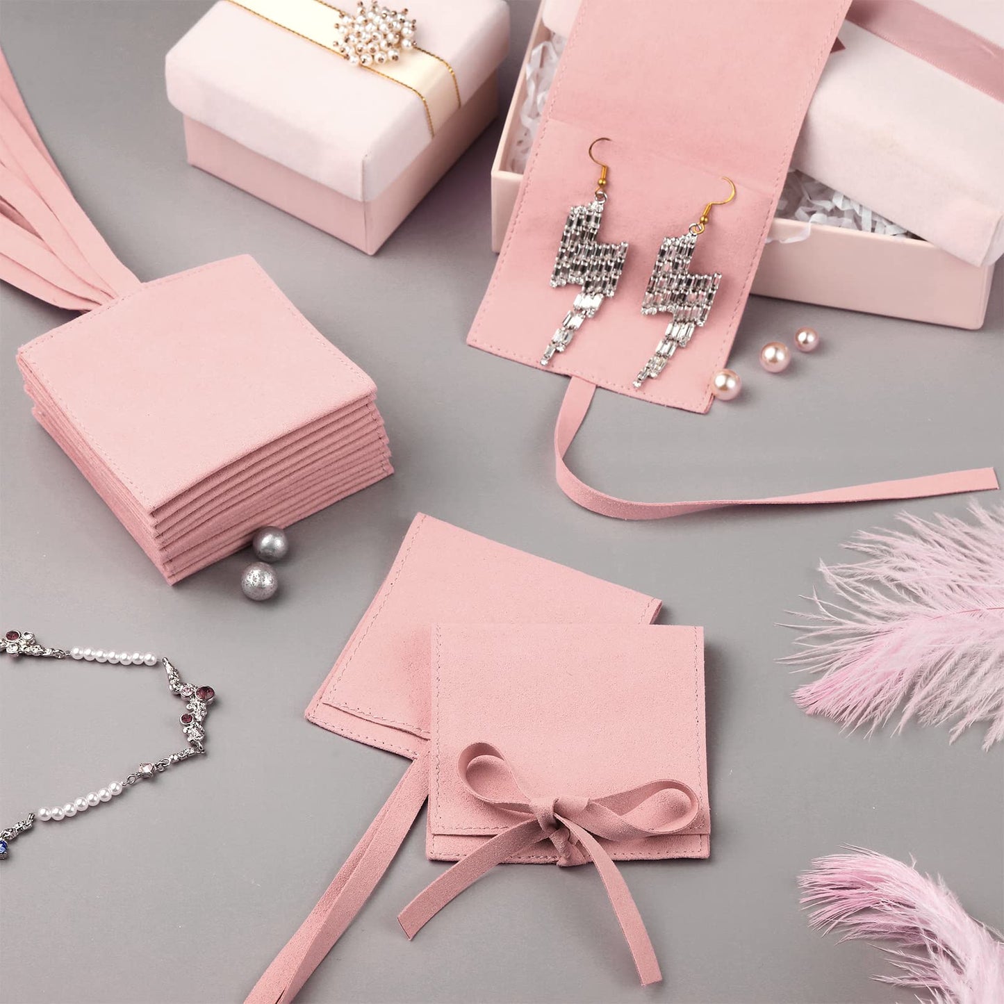 40 Pcs Microfiber Jewelry Pouch 8X8 cm, Luxury Gift Bags Bow Tie - Pink