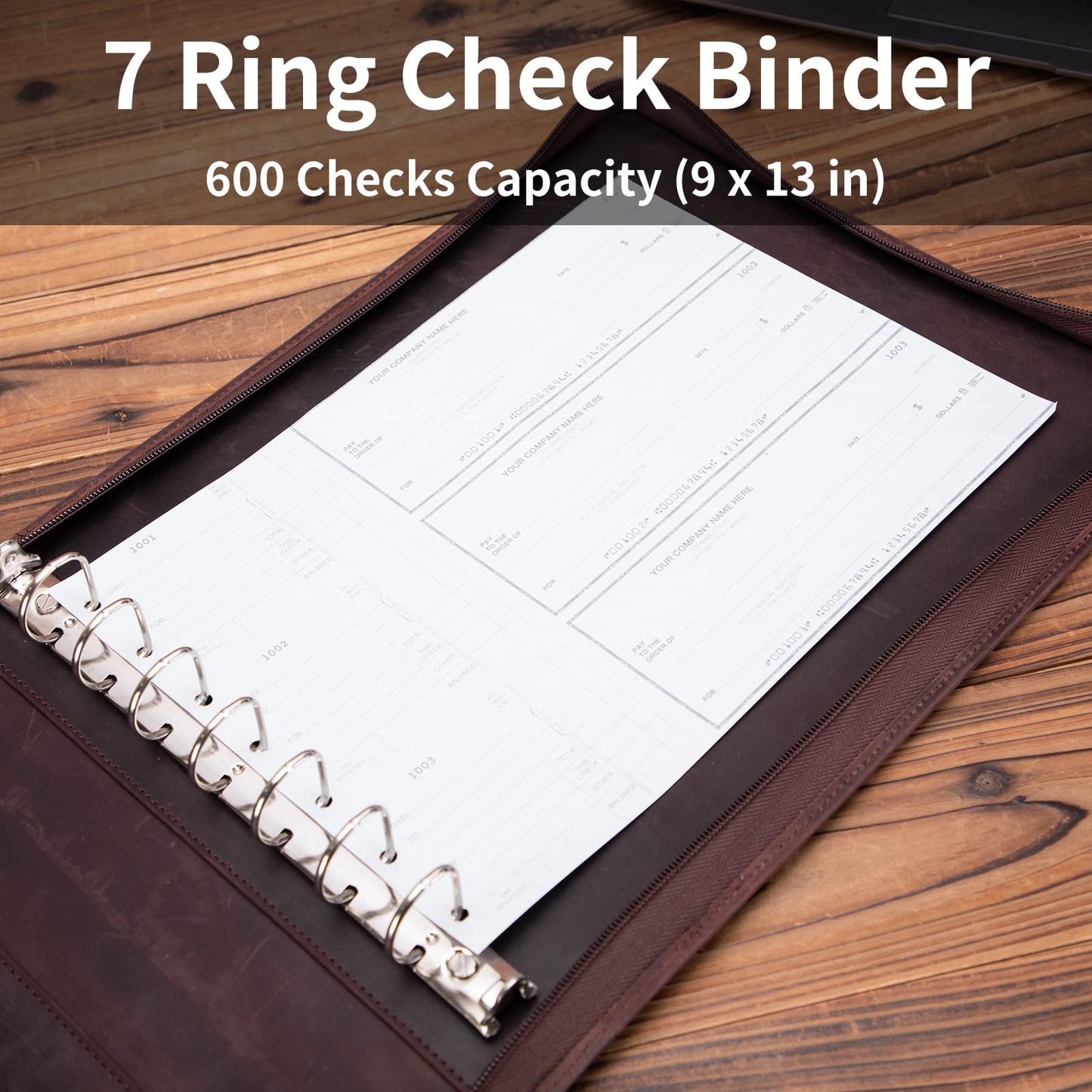 Genuine Leather 7 Ring Check Binder,Business Checkbook Holder 9 x 13” Dark Brown
