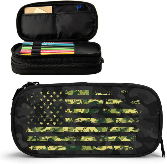 Black Camouflage American Flag Pencil Case Organizer with Multiple Compartments