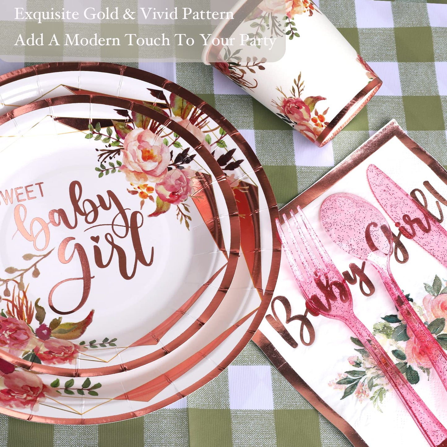 Baby Shower Disposable Dinnerware for Girl - 175PCS Set 25 Guest Rose Gold