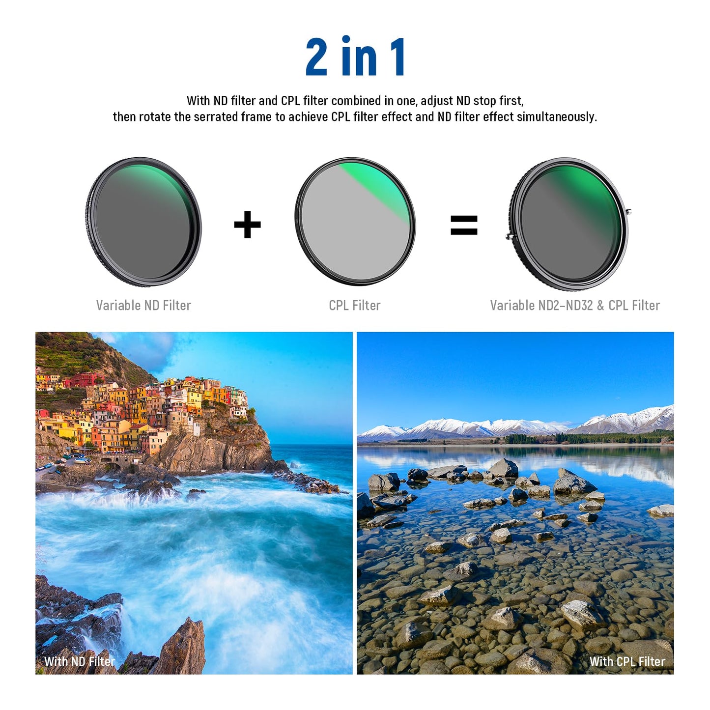 NEEWER 2 in 1 58mm Variable ND Filter ND2-ND32&CPL Circular Polarizer Filter