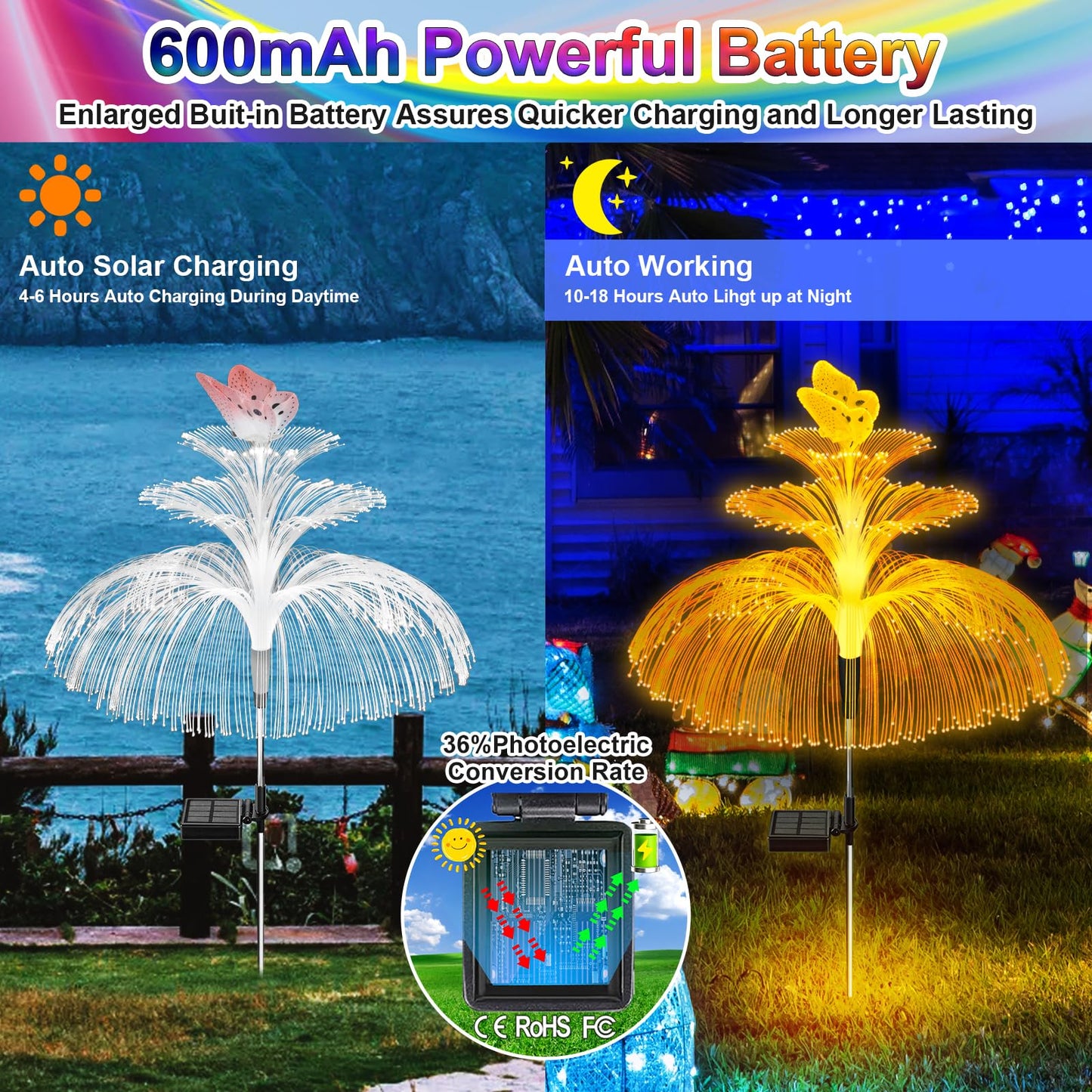 Solar Garden Lights 3 Pack Outdoor Waterproof 3Layers 7Color Jellyfish Butterfly