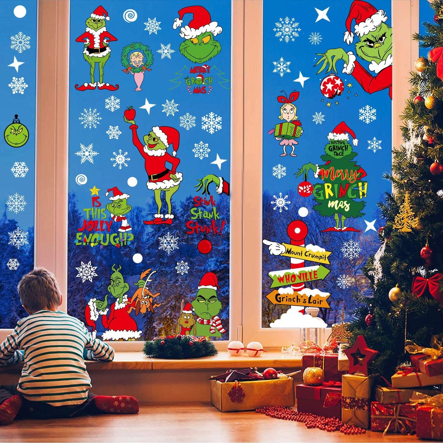 Grinch Waterproof Christmas Window Clings, Stickers Double Sided - 9 sheets