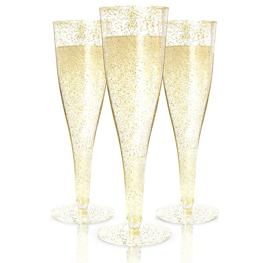 48 Champagne Flutes Plastic, Disposable Mimosa Party Cups, Gold Glitter, NYE