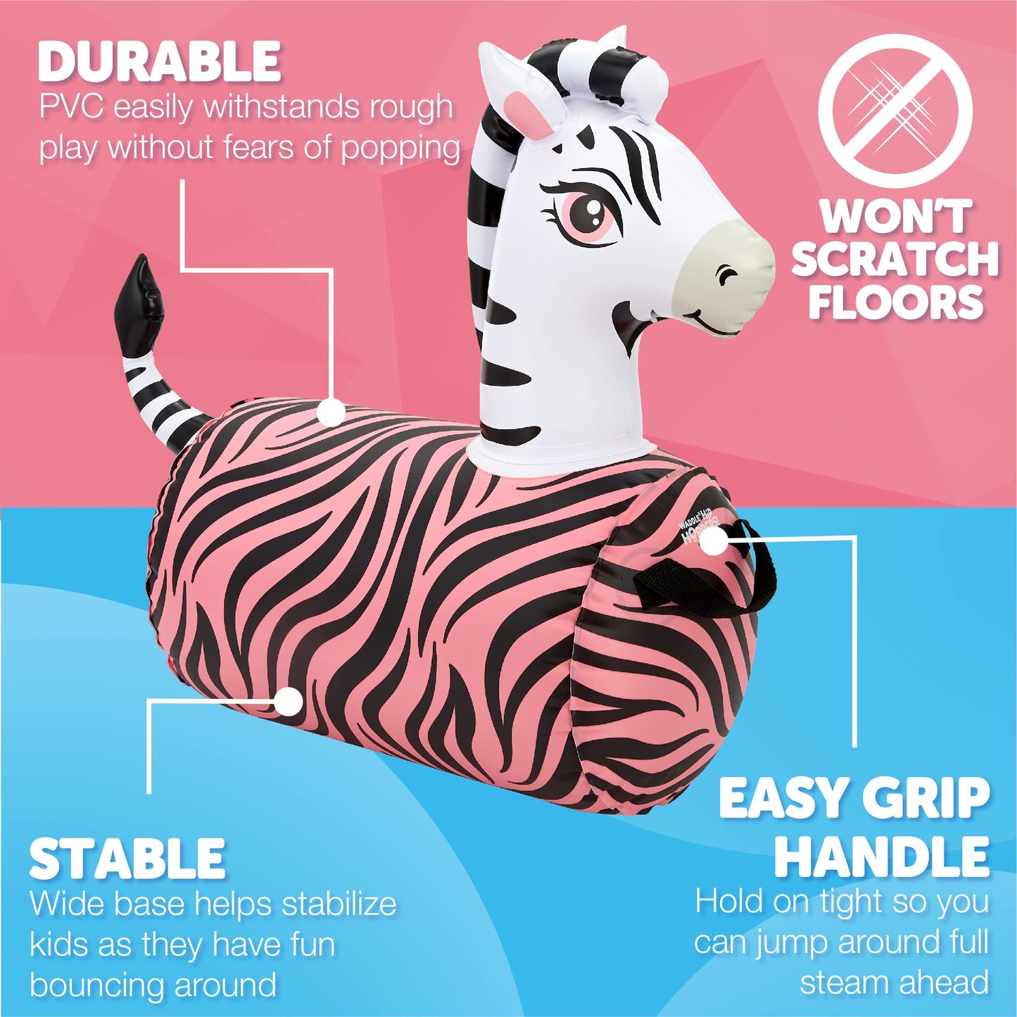 WADDLE Hip Hopper Inflatable Hopping Animal Bouncer Zebra, Ages 2 and Up