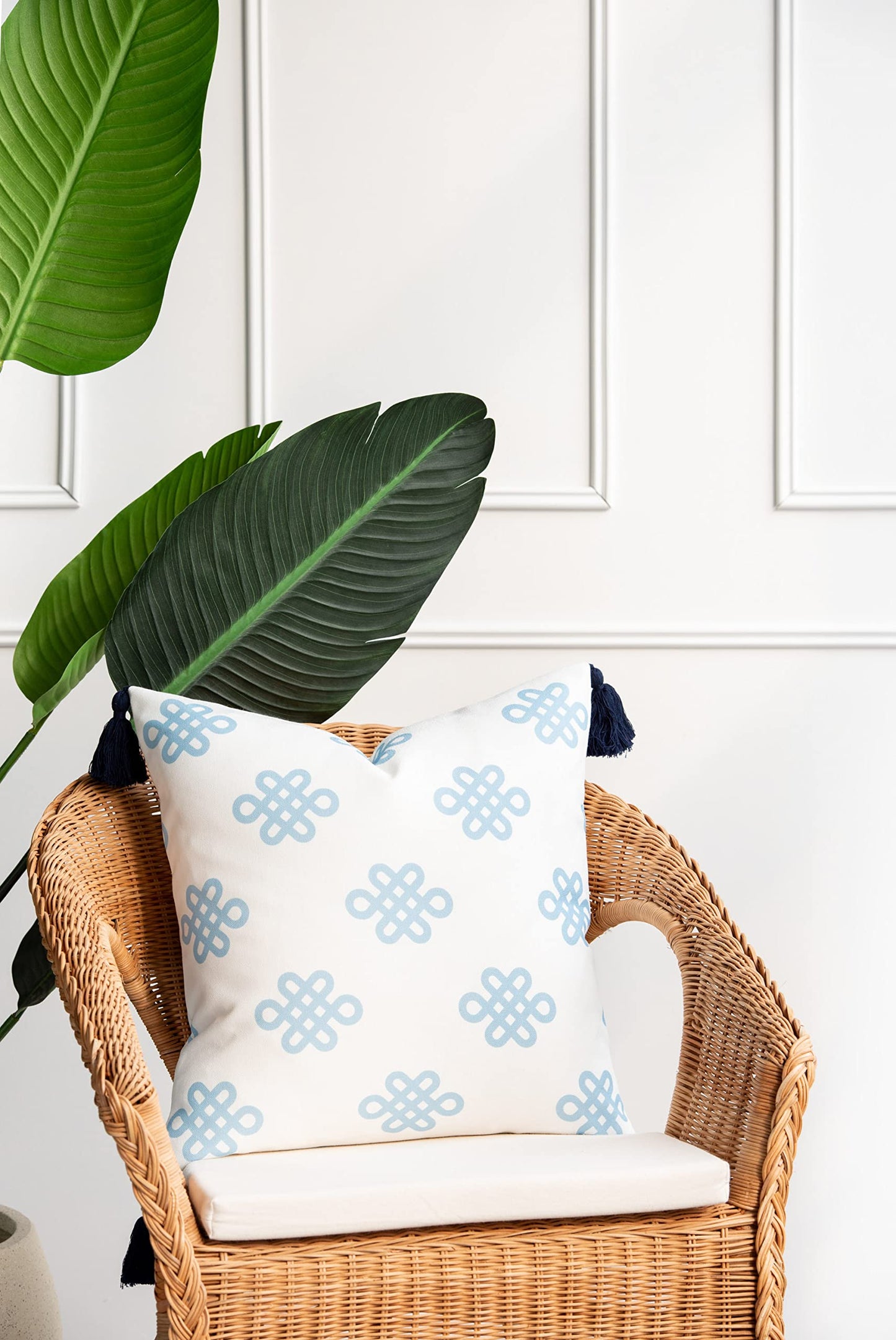 Coastal Patio Indoor Outdoor Pillow Cover ONLYBlue Greek Key Knot Tassel,18"x18"