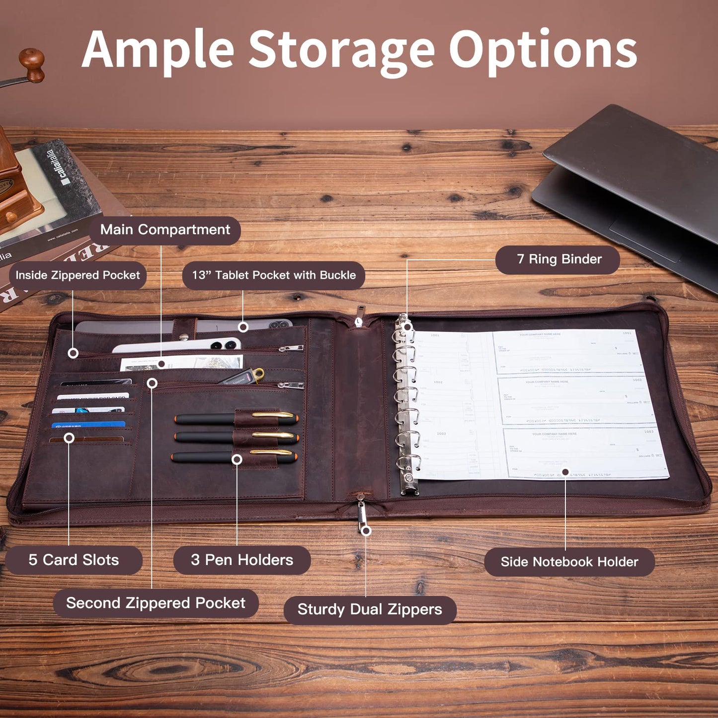 Genuine Leather 7 Ring Check Binder,Business Checkbook Holder 9 x 13” Dark Brown