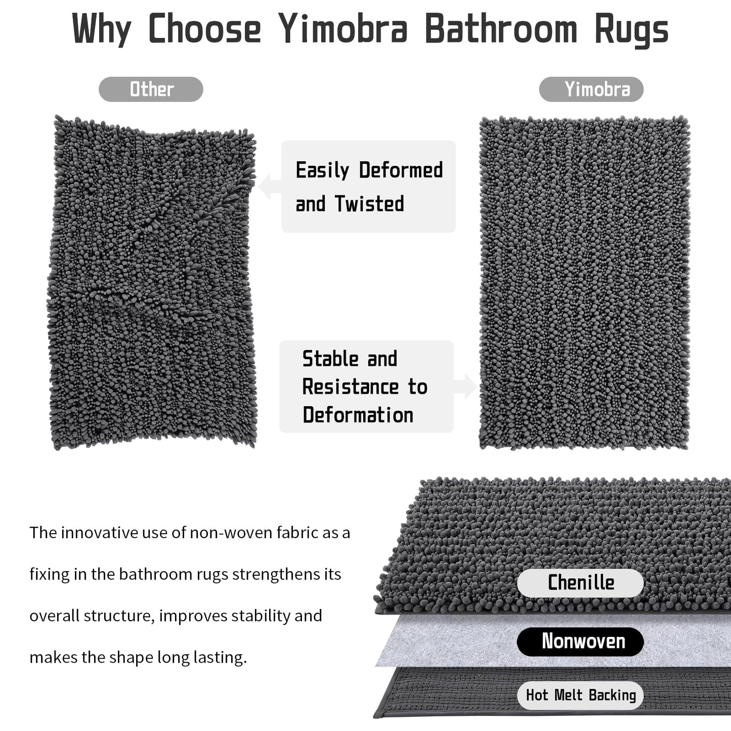 Luxury Chenille Bath Mat, 55"x24", Soft Shaggy and Comfortable, Dark Gray