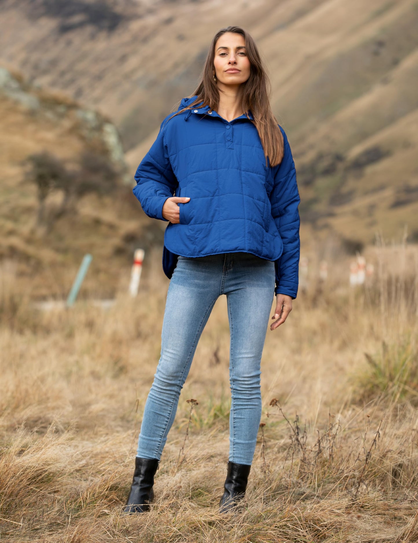 Women's Oversized Hooded Puffer Quilted Lightweight Winter Warm Pullover, Blue, LARGE