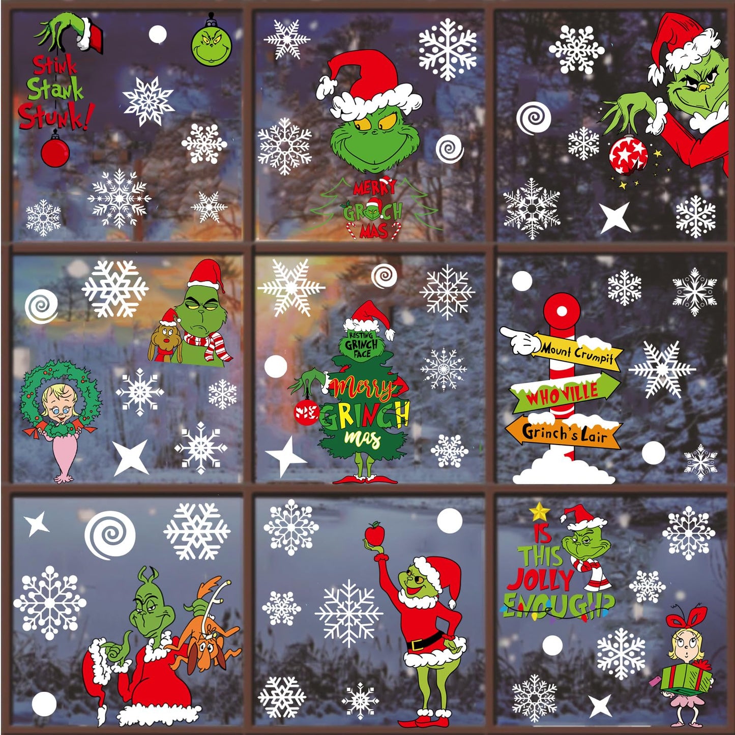 Grinch Waterproof Christmas Window Clings, Stickers Double Sided - 9 sheets