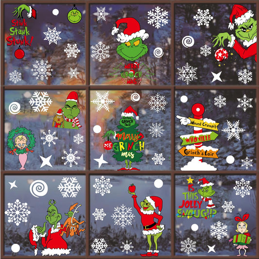 Grinch Waterproof Christmas Window Clings, Stickers Double Sided - 9 sheets