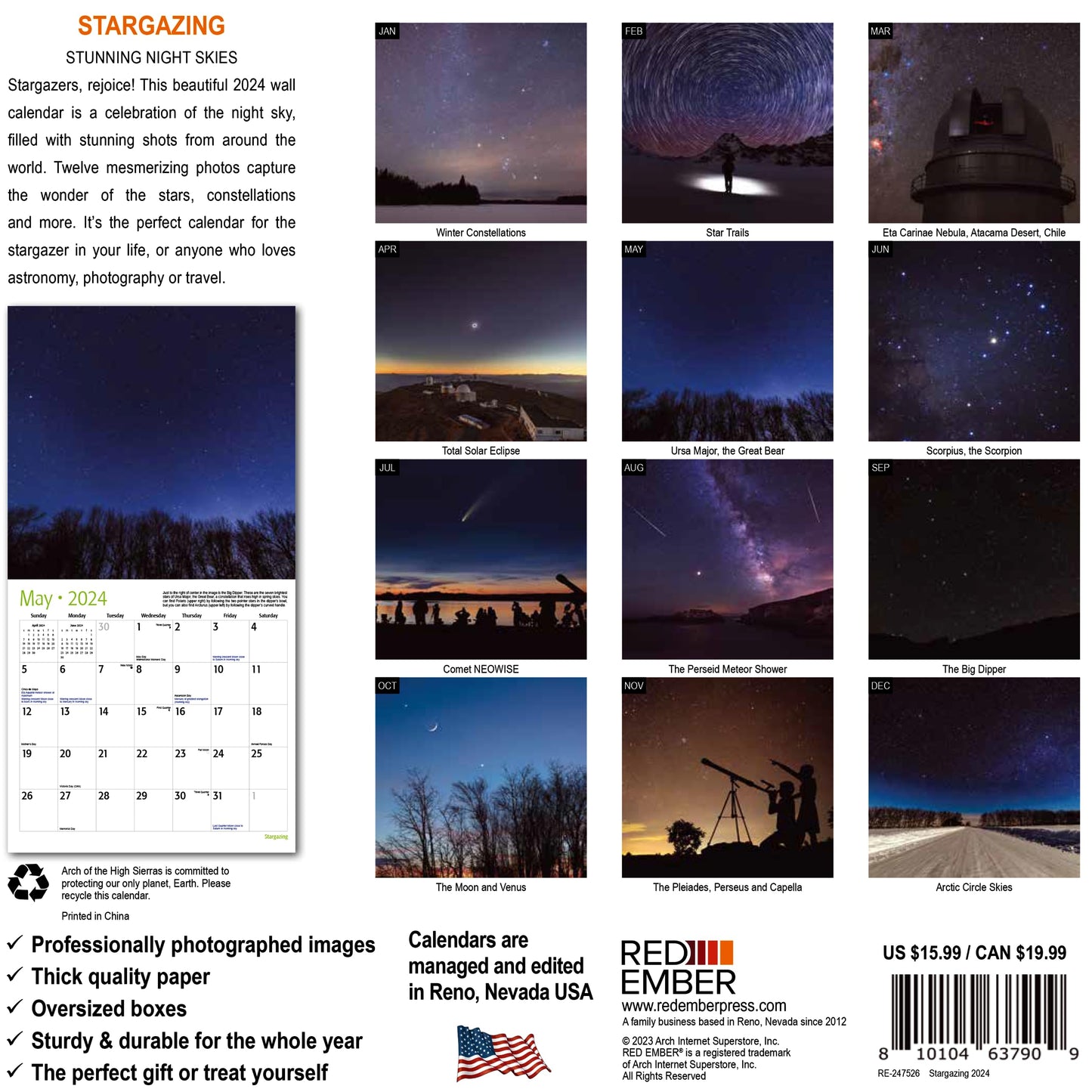 RED EMBER Stargazing Tips Night Sky 2024 Monthly Wall Calendar | 12" x 24"