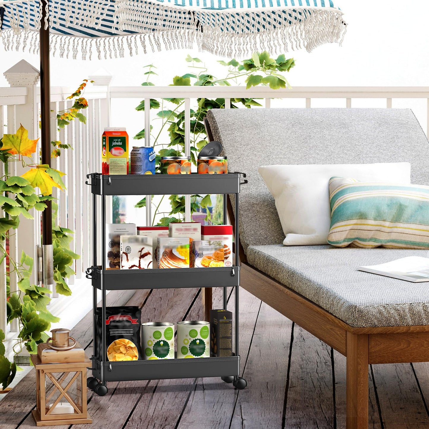 SPACEKEEPER Slim Rolling Storage Cart, 3 Tier Utility Cart Mobile , Black