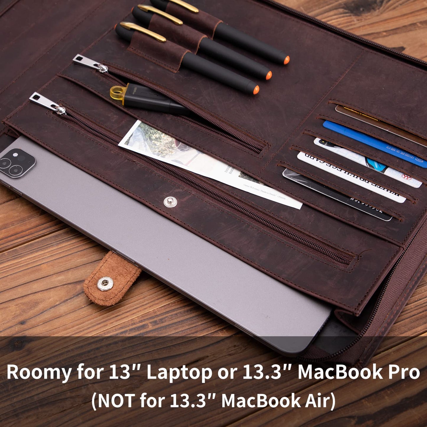 Genuine Leather 7 Ring Check Binder,Business Checkbook Holder 9 x 13” Dark Brown