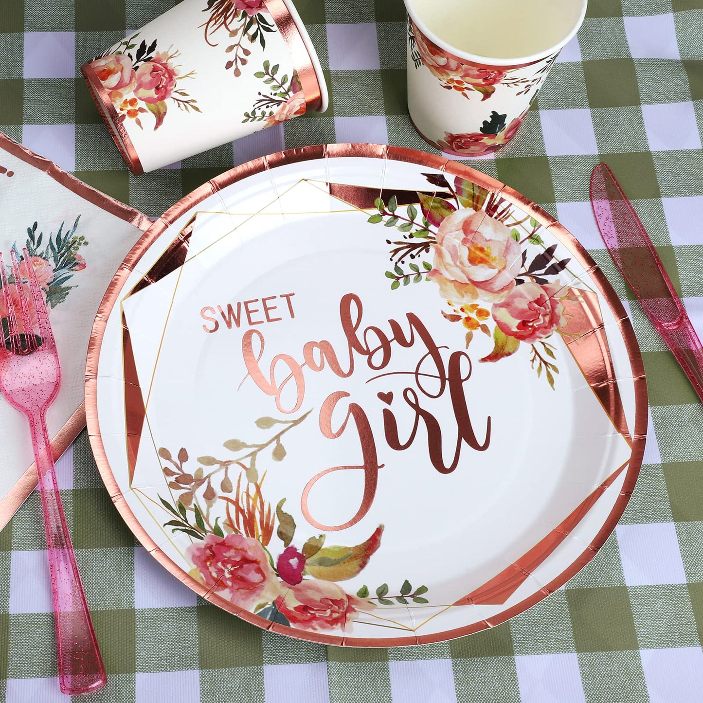 Baby Shower Disposable Dinnerware for Girl - 175PCS Set 25 Guest Rose Gold