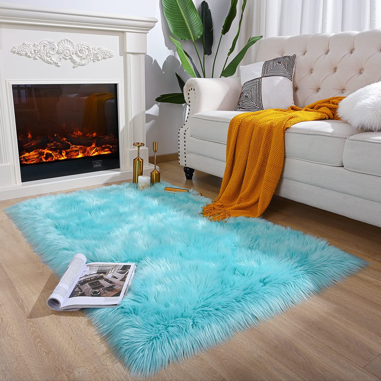 Ultra Soft Rug Faux Sheepskin Fur Area Rug, Fluffy Shag Rug 3x5 Feet - Teal Blue