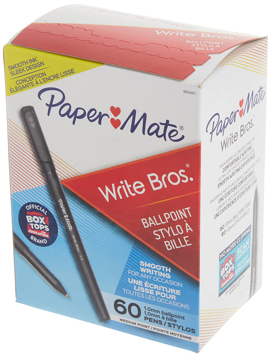 60-pack - Paper Mate Ballpoint Black Ink Pens, Write Bros., Medium Point (1.0mm)