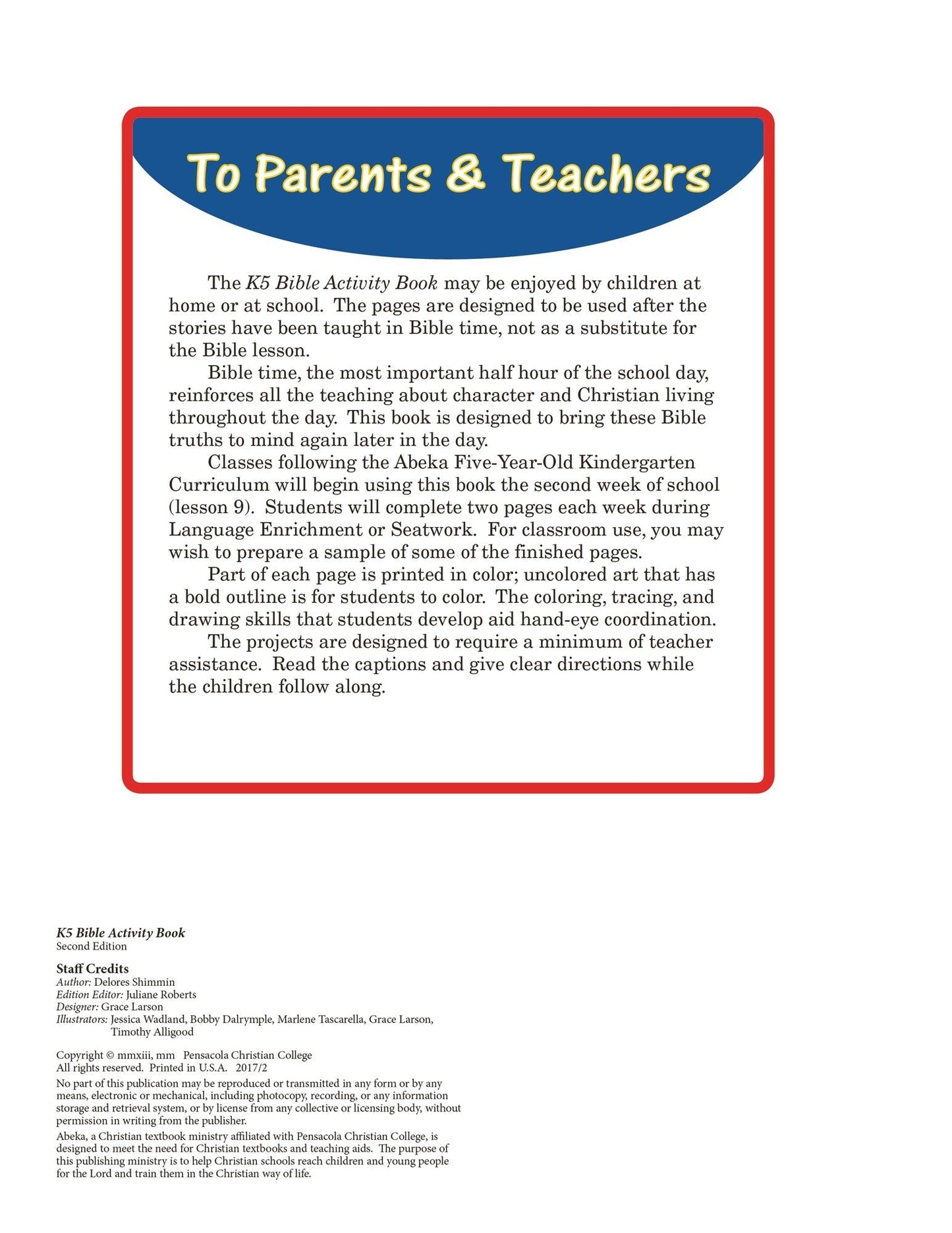 K5 Bible Activity Book - Abeka Bible Coloring and Activity Book