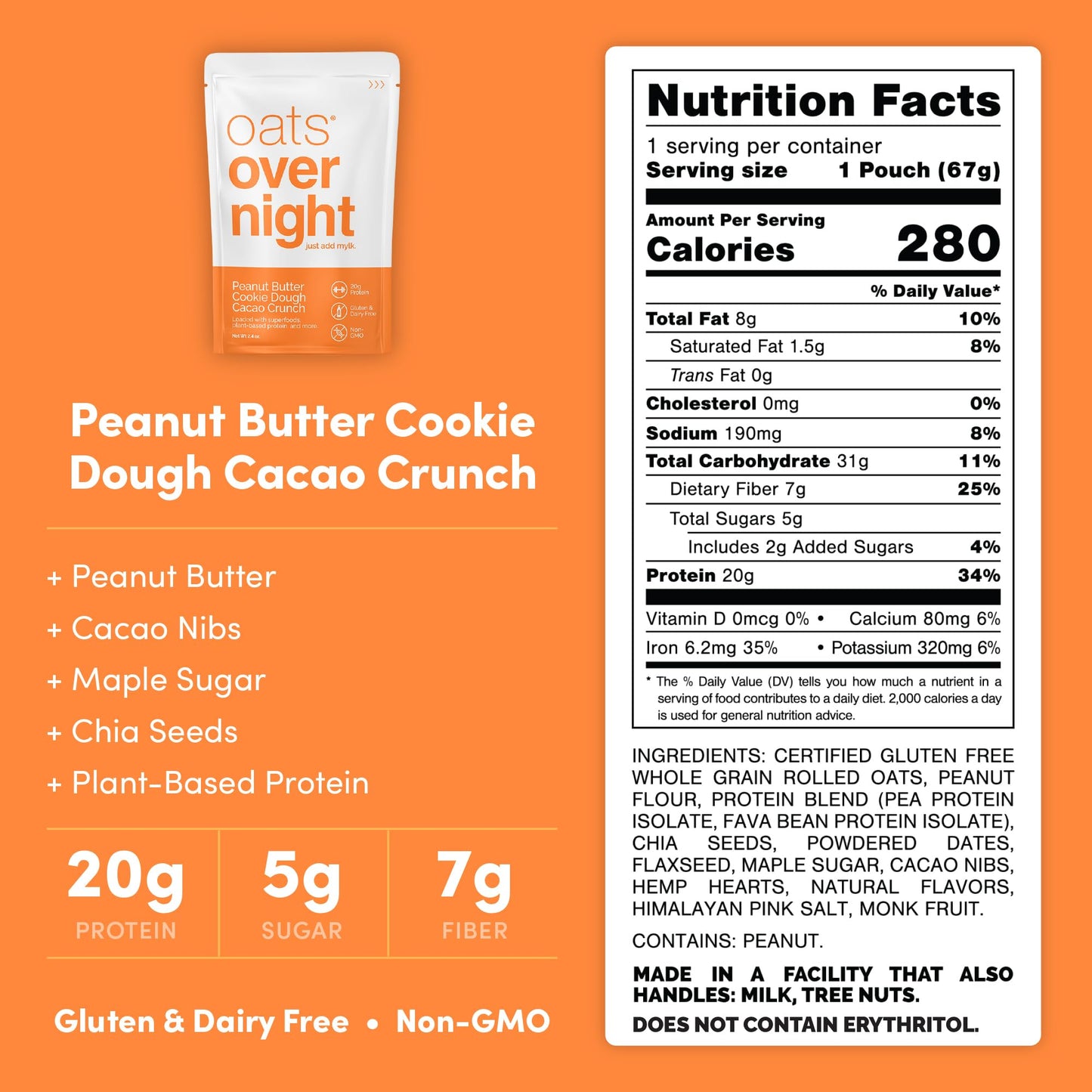 EXP 3/2025 Oats Overnight Peanut Butter Cookie Dough Cacao Crunch Vegan 20g Protein, 8-Pack