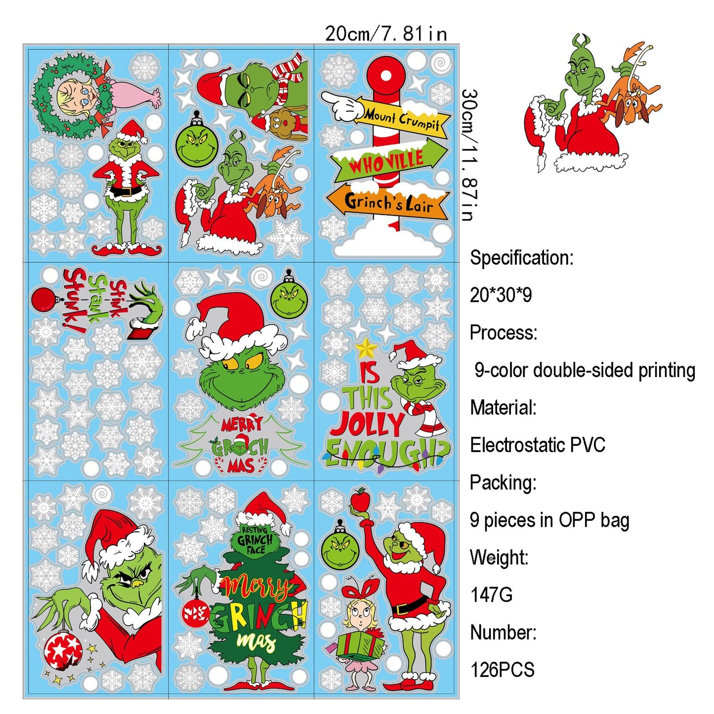 Grinch Waterproof Christmas Window Clings, Stickers Double Sided - 9 sheets