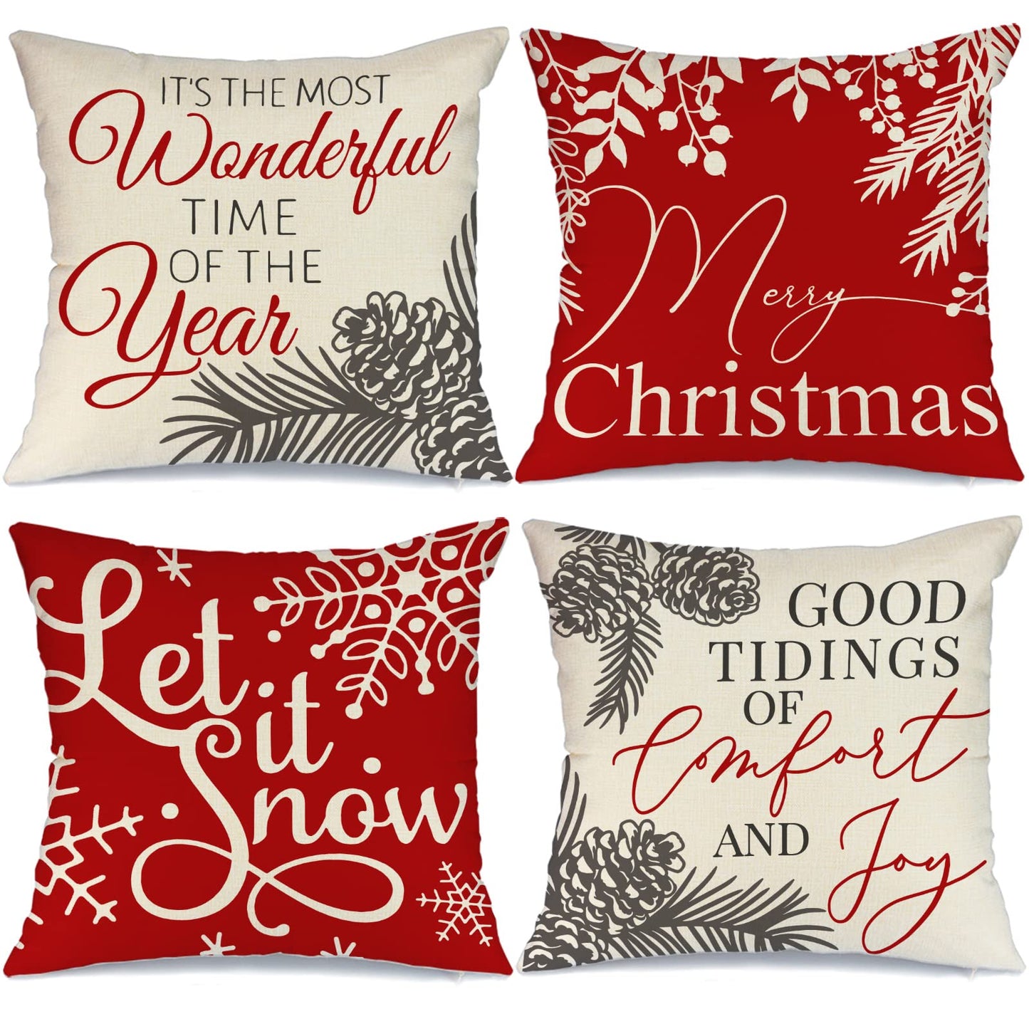 Christmas Throw Pillow Covers 18x18 Set of 4, Farmhouse Christmas Decor for Home