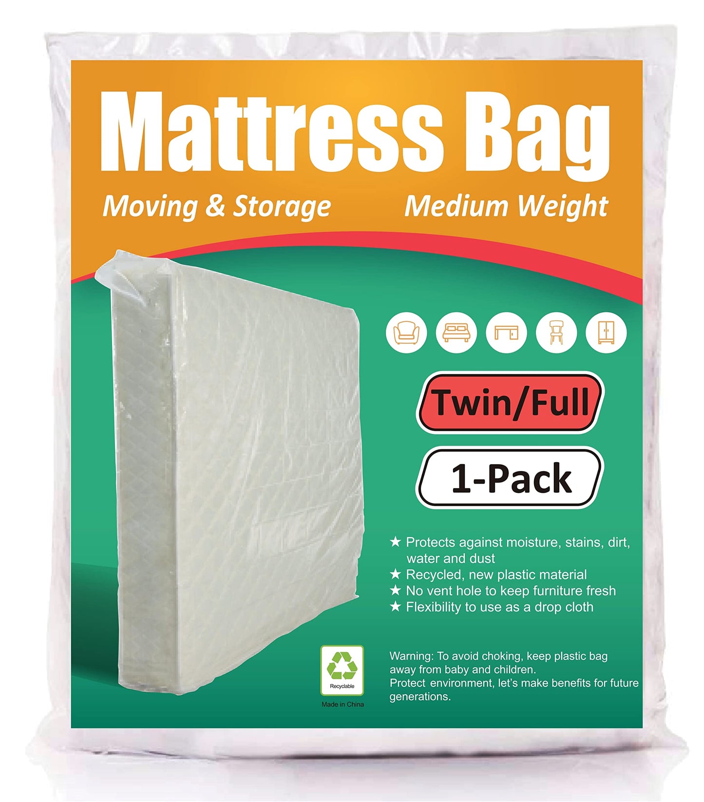 ComfortHome Mattress Bag for Moving and Storage, 3 Mil Thick, Fits Twin and Full Size Mattress, 1 Pack