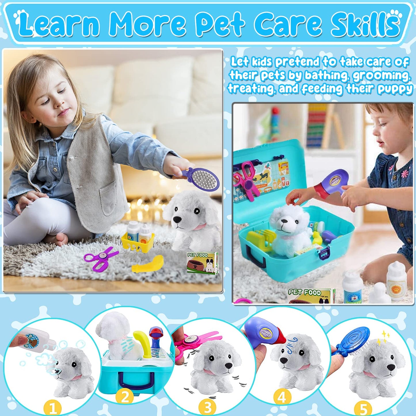 Pet Dog Care Play Set Doctor Kit for Kids 16 Pcs Pretend Vet Grooming Toys