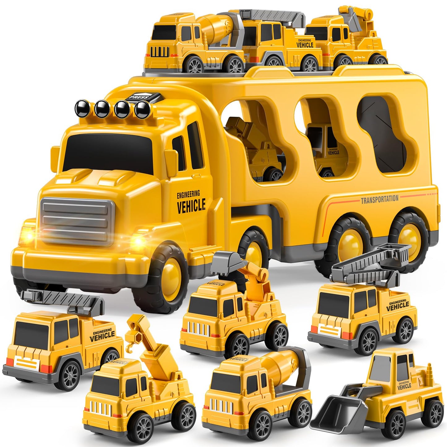 Construction Truck Toys Cars for Toddlers 3-6, 7-in-1 Friction Power Vehicle
