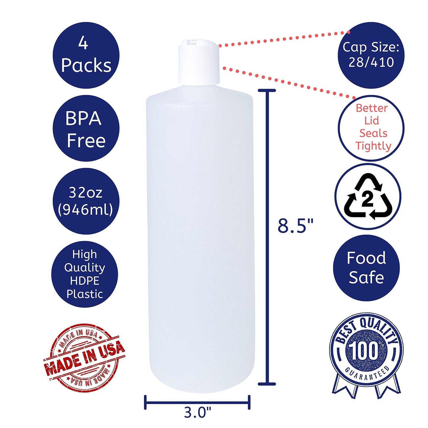 32oz  HDPE Plastic Cylinder Squeeze Bottles with Dispensing Press Disc Top Caps